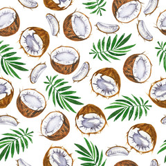 Seamless pattern with tropical coconut and palm tree leaves on white background. Hand drawn watercolor illustration. 