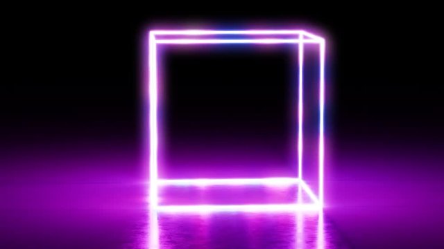Animation of bright neon cube rotating around. Looping animation.