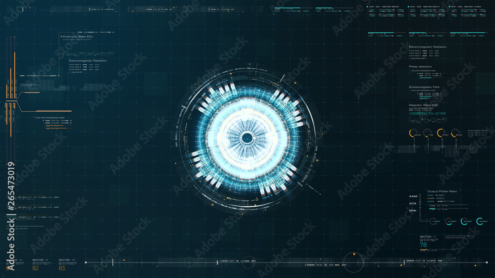 Poster Advance motion graphic futuristic user interface head up display screen with Holographic electromagnetic machine with gravitational fields energy particles wave and digital data telemetry information 