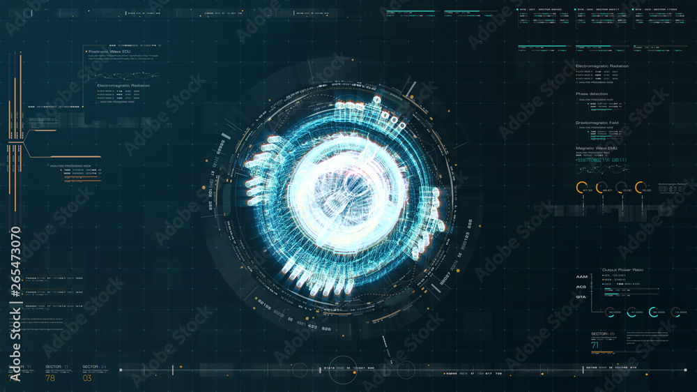 Poster Advance motion graphic futuristic user interface head up display screen with Holographic electromagnetic machine with gravitational fields energy particles wave and digital data telemetry information 