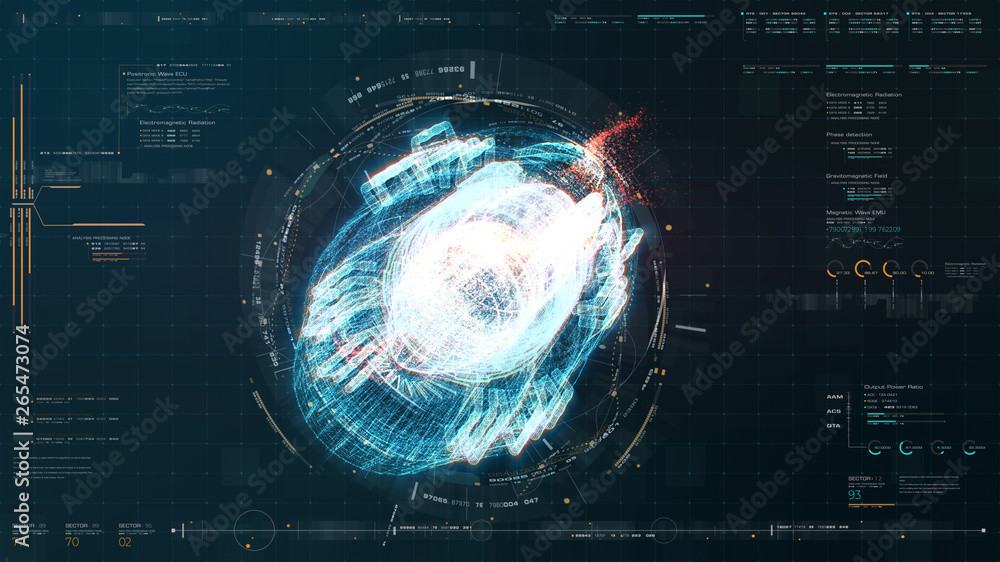 Aufkleber Advance motion graphic futuristic user interface head up display screen with Holographic electromagnetic machine with gravitational fields energy particles wave and digital data telemetry information 