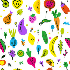 Vegetables and fruits seamless pattern, funny sketchy design. Vector graphic illustration