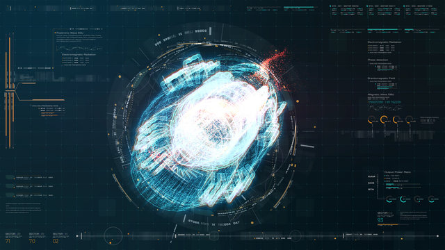 Advance motion graphic futuristic user interface head up display screen with Holographic electromagnetic machine with gravitational fields energy particles wave and digital data telemetry information 