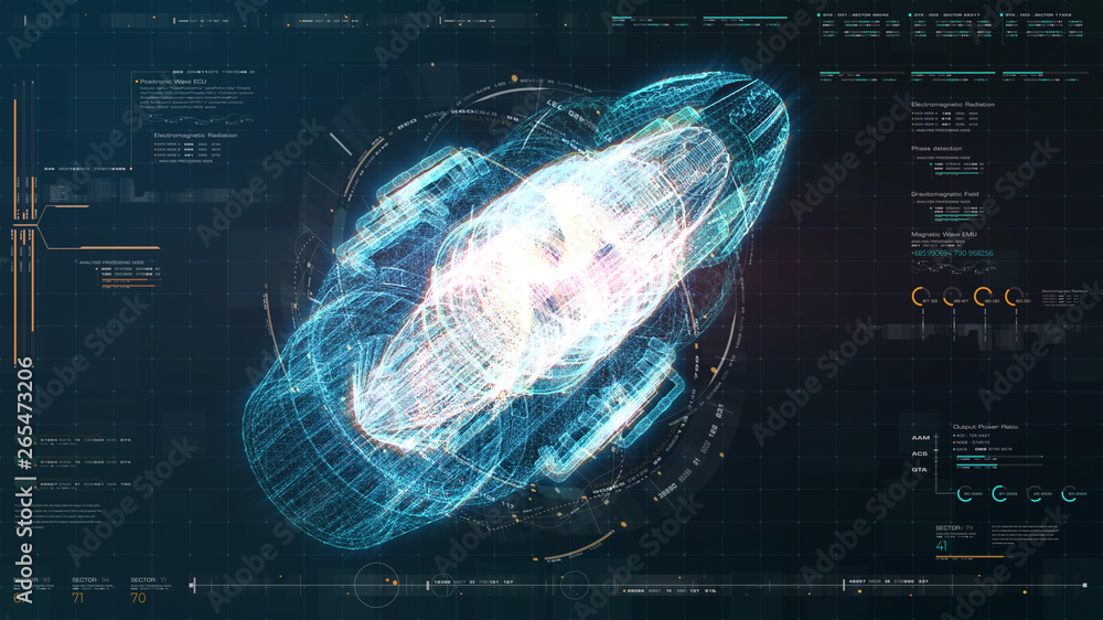 Fototapete Advance motion graphic futuristic user interface head up display screen with Holographic electromagnetic machine with gravitational fields energy particles wave and digital data telemetry information 