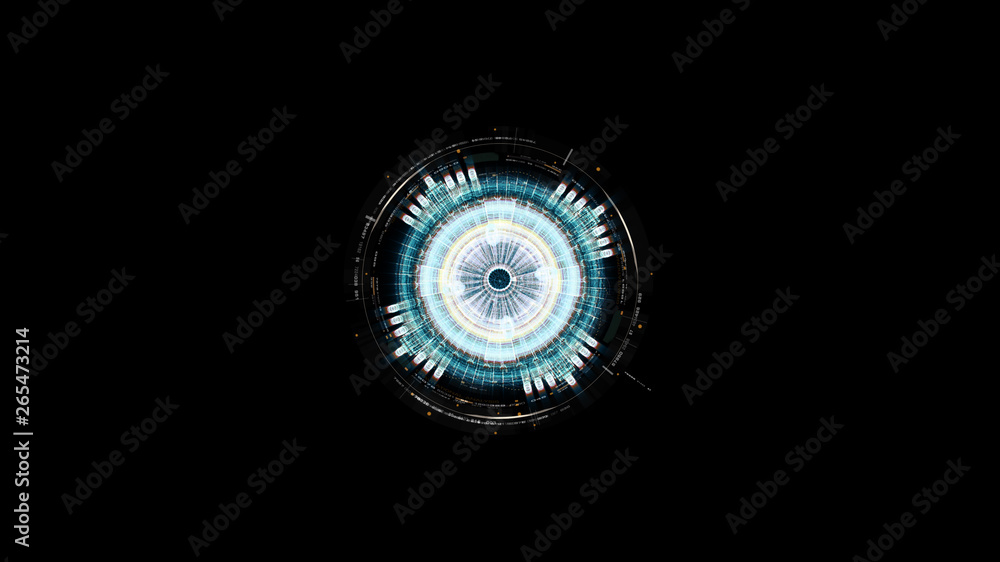 Aufkleber Advance motion graphic futuristic user interface head up display screen with Holographic electromagnetic machine with gravitational fields energy particles wave and digital data telemetry information 