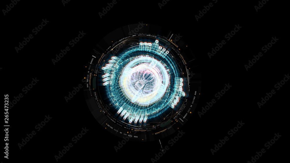 Fototapete Advance motion graphic futuristic user interface head up display screen with Holographic electromagnetic machine with gravitational fields energy particles wave and digital data telemetry information 