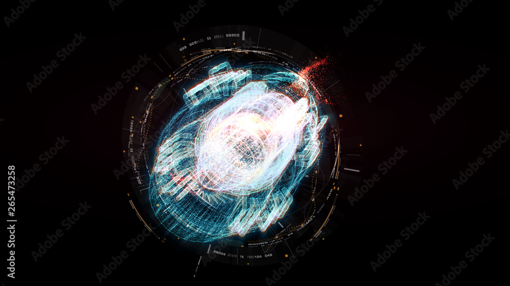 Fototapete Advance motion graphic futuristic user interface head up display screen with Holographic electromagnetic machine with gravitational fields energy particles wave and digital data telemetry information 