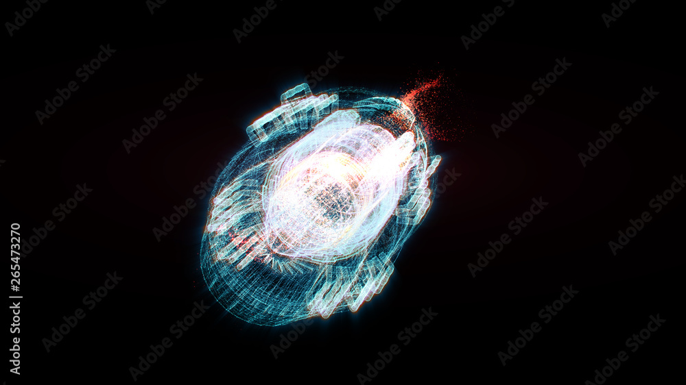 Leinwandbilder Advance motion graphic futuristic user interface head up display screen with Holographic electromagnetic machine with gravitational fields energy particles wave and digital data telemetry information 