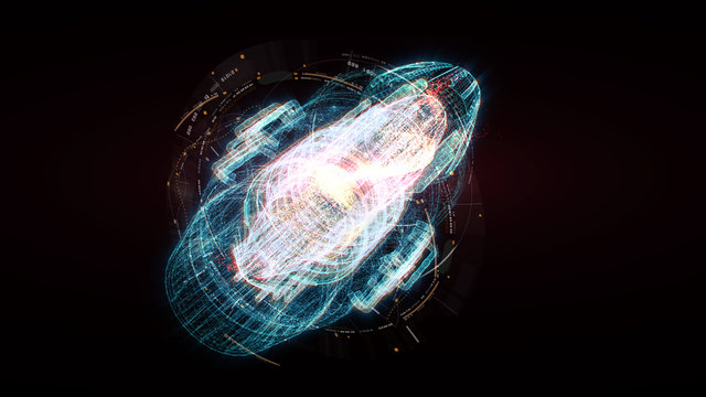 Advance motion graphic futuristic user interface head up display screen with Holographic electromagnetic machine with gravitational fields energy particles wave and digital data telemetry information 