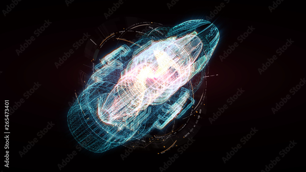 Fototapete Advance motion graphic futuristic user interface head up display screen with Holographic electromagnetic machine with gravitational fields energy particles wave and digital data telemetry information 