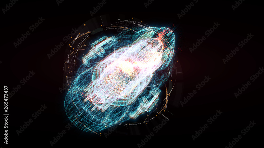 Aufkleber Advance motion graphic futuristic user interface head up display screen with Holographic electromagnetic machine with gravitational fields energy particles wave and digital data telemetry information 