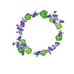Violet summer flowers round border isolated on white background. Design for greeting card or wedding invitation. Hand drawn watercolor illustration.