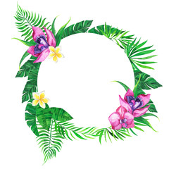 Fresh green tropical leaves, white and pink orchid flowers round frame isolated on white background. Hand drawn watercolor illustration.