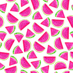 Seamless pattern with fresh pink watermelon slices on white background. Hand drawn watercolor illustration