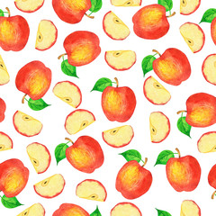 Seamless pattern with fresh red apples, apple slices and green leaves on white background. Hand drawn watercolor illustration. 