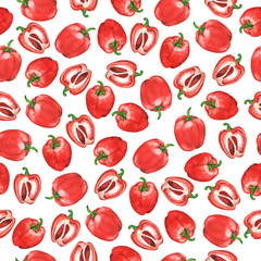 Seamless pattern with fresh red bell peppers and pepper slices on white background. Hand drawn watercolor illustration.
