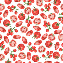 Nahtloses Muster mit frischen Tomaten und Tomatenscheiben auf weißem Hintergrund. Handgezeichnete Aquarellillustration.