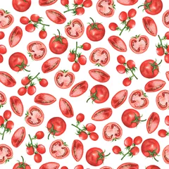 Tapeten Küche Nahtloses Muster mit frischen Tomaten und Tomatenscheiben auf weißem Hintergrund. Handgezeichnete Aquarellillustration.