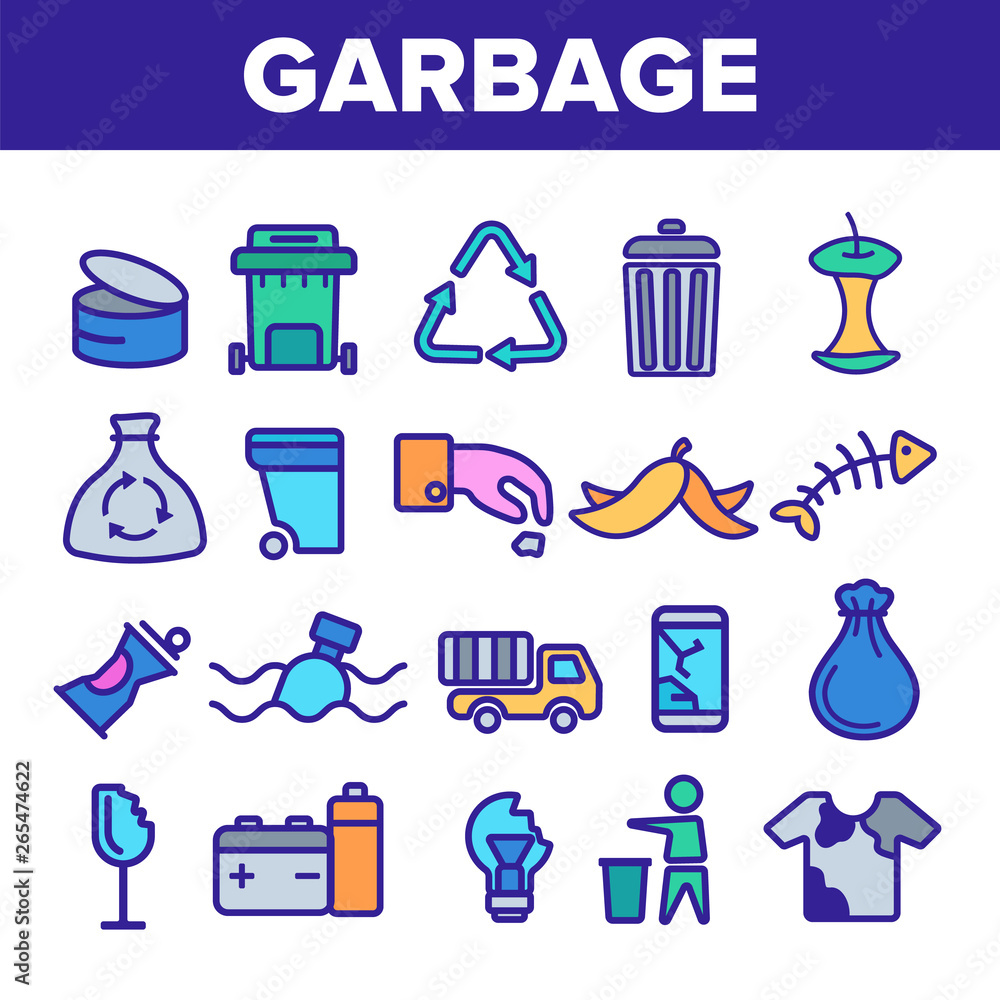Poster garbage recycling linear vector icons set. trash, garbage thin line contour symbols pack. earth poll