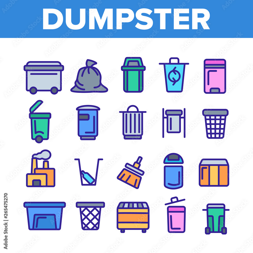 Poster dumpster, garbage container thin line icons set. dumpster, trash collecting equipment linear illustr