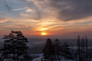 Fototapeta premium Winter sunrise in Poland in the area of Mount St. Anne