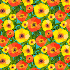 A floral vector seamless pattern with red and yellow poppy  flowers and green leaves on a blue backdrop
