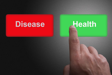 Buttons with written disease and health and pointing finger, on a gray gradient background