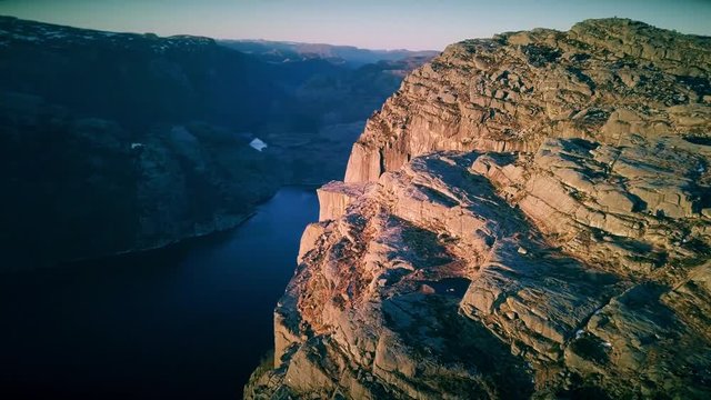 Pulpit Rock Aerial Sunrise - Preikestolen soloppgang, in Lysefjorden, Norway