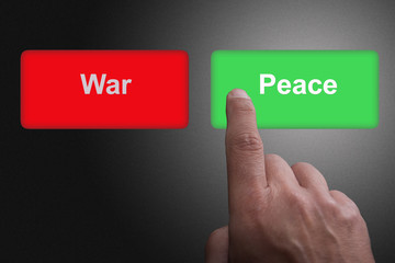 Buttons with written War and Peace and pointing finger, on a gray gradient background