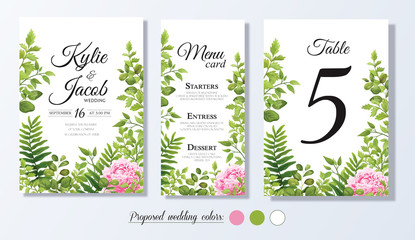 Wedding invite, personal menu, table number card design with elegant pink peony flowers, natural branches, green leaves, herbs. Vector romantic template set with white background.