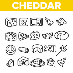 Cheddar Cheese Linear Vector Icons Set. Cheddar Piece, Milk Products Symbol Pack. Snack, Food. Dairy Ingredients Pictograms Collection. Isolated Cooking Signs. Eco, Natural Outline Illustrations