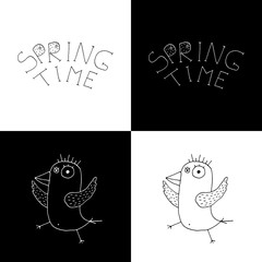 Cute cartoon hand drawn spring time bird card set with lettering. Funny vector black and white spring time bird card set. Isolated monochrome doodle spring time bird card set for various projects.