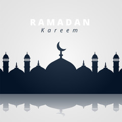 Islamic Greeting Card of Ramadan Kareem. Dark Silhouette of Mosque with reflection.