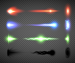 Futuristic energy weapon firing effect vectors, sci-fi or computer game graphics of weapon nozzle flash, projectile and hit, an electric, blaster, laser, singularity or plasma gun shots illustrations - obrazy, fototapety, plakaty