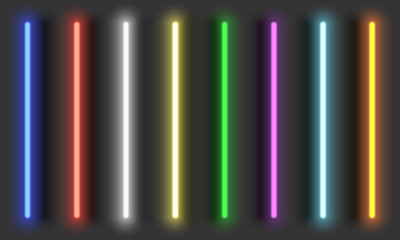 Neon light brushes with shadows, fully adjustable various colors neon design elements, colorful light tubes set on dark background