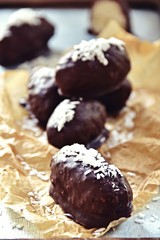 Homemade chocolate coconut bars. Sugar free, no bake. Keto, paleo, vegan bites