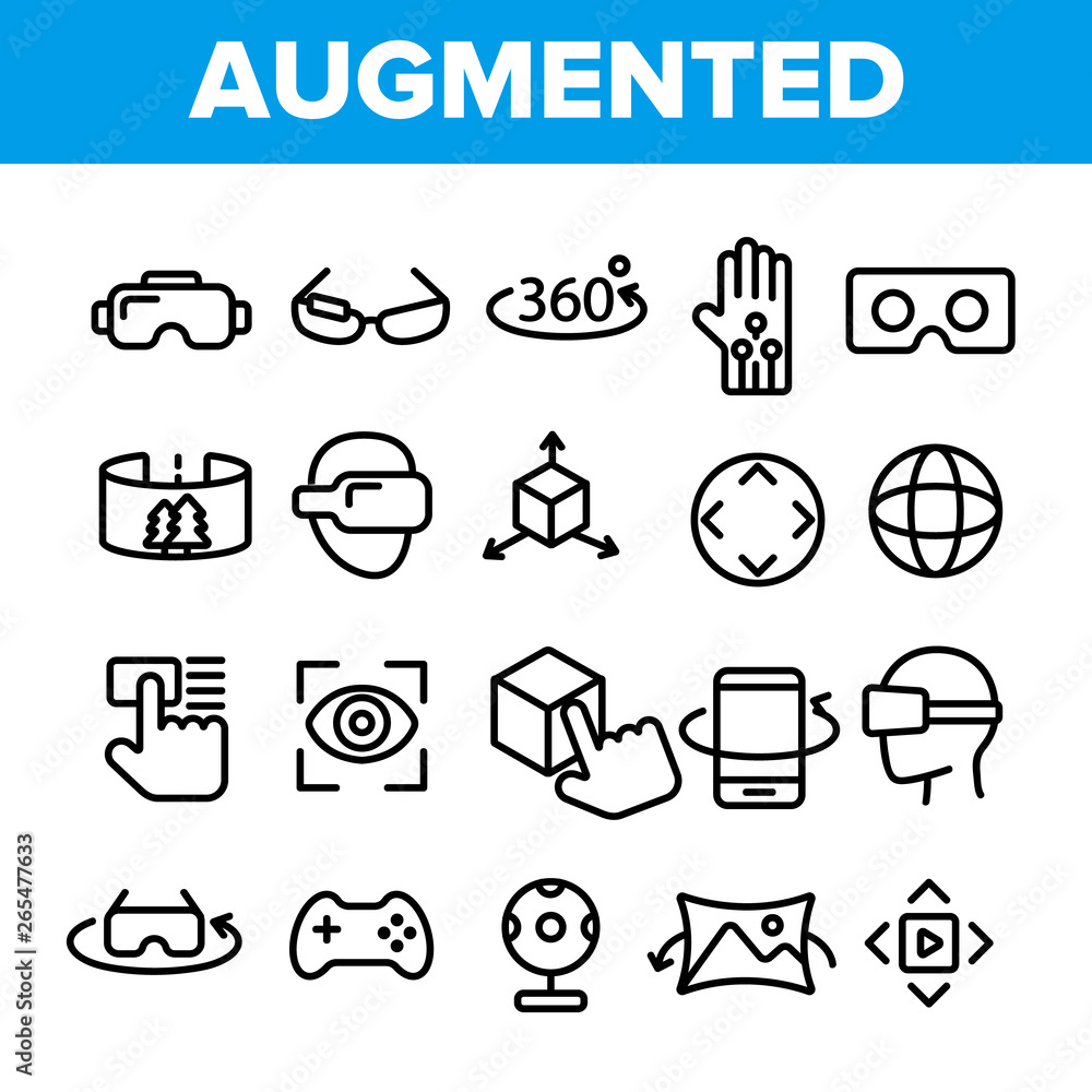Poster augmented, virtual reality linear vector icons set. augmented virtual reality symbols pack. digital 