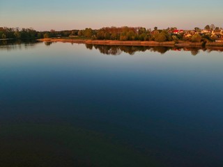 Fototapeta premium Aerial view of a sunset above Nesvizh, Minsk Region, Belarus