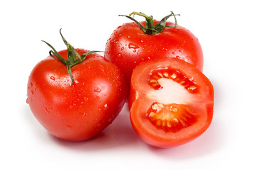 Fresh Tomatoes isolated on white. Full depth of field.