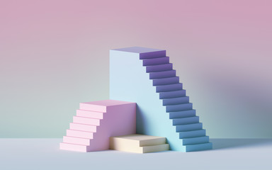 3d render, yellow blue pink stairs, steps, abstract background in pastel colors, fashion podium, minimal scene, primitive architectural blocks, design element