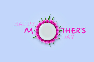 Happy Mother's Day, greeting card with a white plate and beautiful tulips. Blue background. Isolated Congratulatory background. Holiday card.