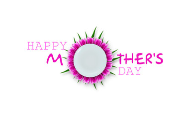 Happy Mother's Day, greeting card with a white plate and beautiful tulips. White background. Isolated Congratulatory background. Holiday card.