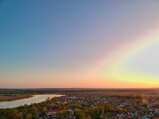 Aerial view of a sunset above Nesvizh, Minsk Region, Belarus