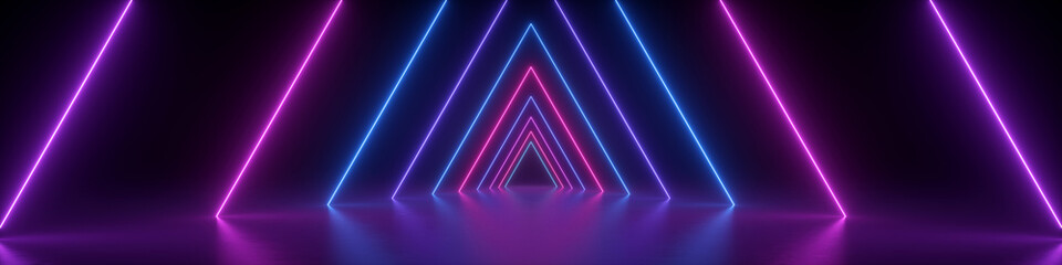 3d render, abstract panoramic background, neon light, glowing lines, triangular shape, ultraviolet spectrum, virtual reality, laser show - obrazy, fototapety, plakaty