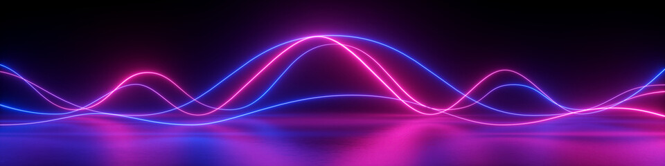 3d render, abstract panoramic background, neon light, laser show, impulse, equalizer chart, ultraviolet spectrum, pulse power lines, quantum energy impulse, pink blue violet glowing dynamic lines - obrazy, fototapety, plakaty