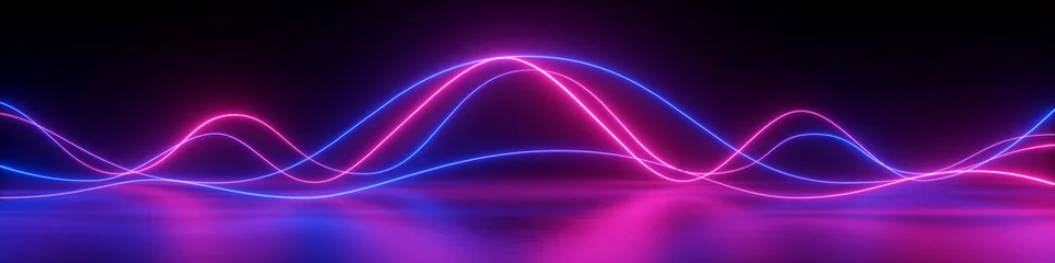 Fotobehang 3d render, abstract panoramic background, neon light, laser show, impulse, equalizer chart, ultraviolet spectrum, pulse power lines, quantum energy impulse, pink blue violet glowing dynamic lines © wacomka
