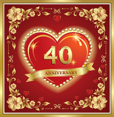 40 years anniversary, happy birthday, big heart, golden frame, floral pattern, red background. Vector illustration