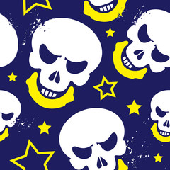 funny dark blue sky seamless pattern with stars and skull meteorites, the illustration is perfect for bedding sets and other textiles, print, web designs, eps10 vector, flat style with grunge effects - 265480079