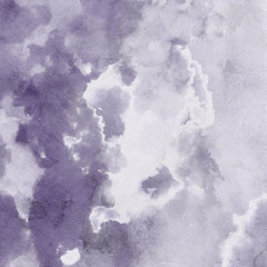 Violet ink and watercolor textures on white paper background. Paint leaks and ombre effects. Hand painted abstract image.