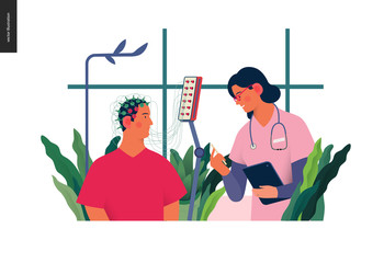Medical tests illustration - EEG - electroencephalography - modern flat vector concept digital illustration of encephalography procedure - a patient with head electrodes and doctor in medical office